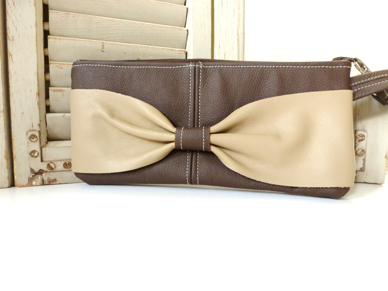 Leather Clutch Wristlet Chocolate Brown with Tan Bow Accent-Handmade