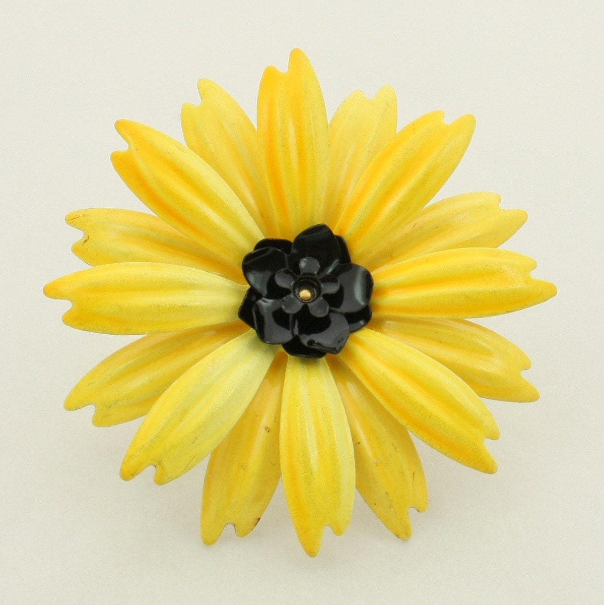 Vintage Enamel Flower Brooch, Yellow Daisy, 1960s Large Flower Pin