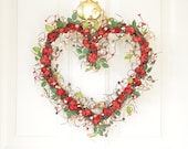 Heart  wreath -  red roses - front door decor - year round decoration