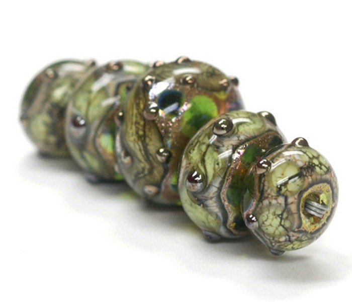 ON SALE 50% OFF Handmade Glass  Lampwork Beads  Sets - Five Graduated Green w/Silver Foil Rondelles - 10503411