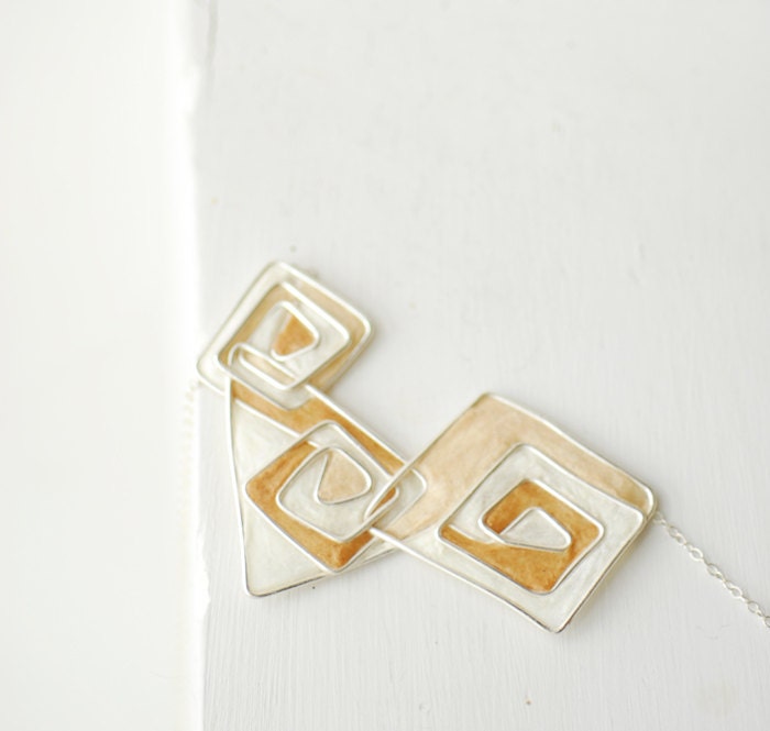 Geometric Necklace Statement Jewelry in Sterling Silver, Cappuccino Artisan Wearable Art....