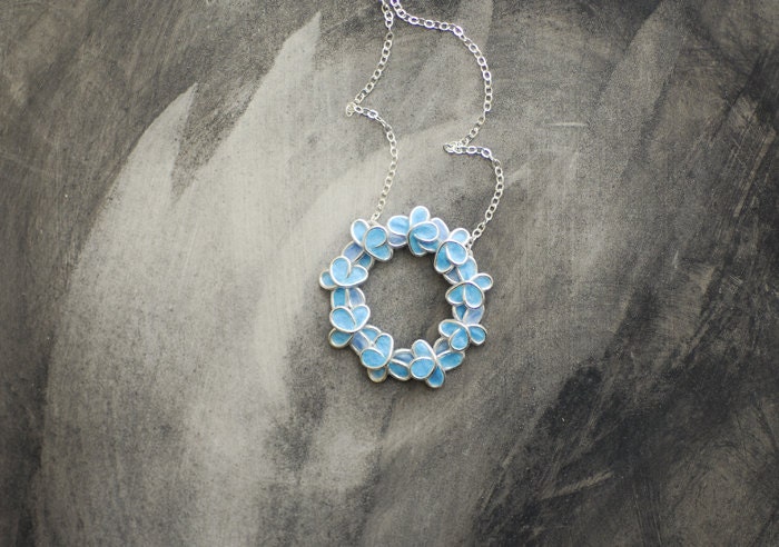 Sterling Silver Ring of Forget Me Not Flower Necklace, Bridal Jewelry Touch of Blue, Paper Wearable Art Jewelry....