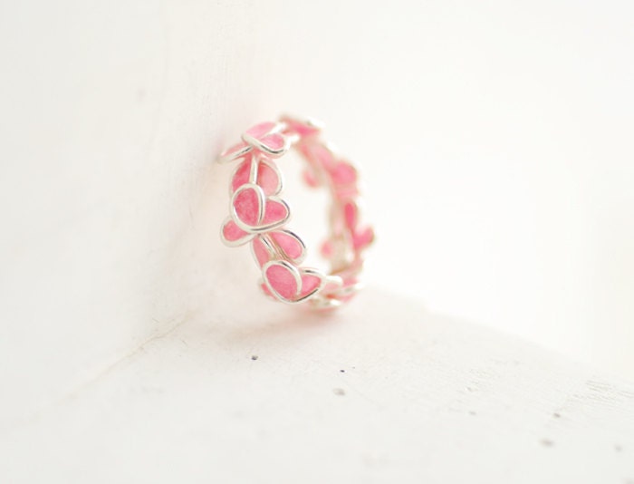 Pink Forget Me Not Ring, Anniversary Weddings Sterling Silver Flowers, Paper Artisan Wearable Art Jewelry...
