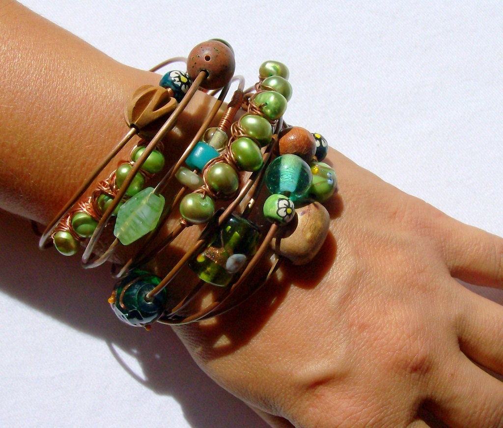 Gypsy Stacked Bangles Set of 5 Bracelets - Green & Brown - stoneandbone
