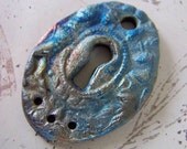 Ornate  Raku   Blue Pink Gold Lock Keyhole Pendant