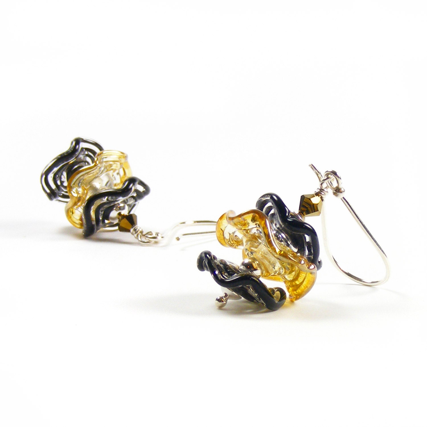 Handmade Black & Gold Earrings, Frilly Lampwork Glass Sterling Silver Dangle Earrings, OOAK Trembles Collection