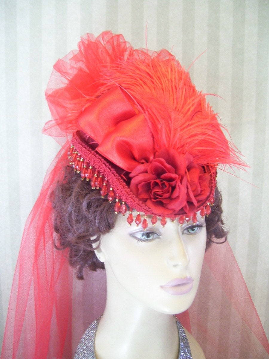 Red Society Hat Victorian Hat Steampunk Hat Kentucky Derby Hat Mini Riding Hat Wedding Hat Mini Top Hat By Ms.Purdy