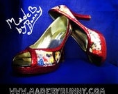 Custom Vintage Comic Book Wonder Woman High Heel Shoes Made to Order Handmade Pumps Red Glitter Heels