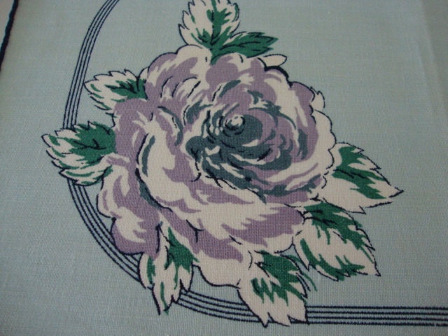 Vintage cloth placemats, Cacharel, light blue with purple rose, set of 6 six