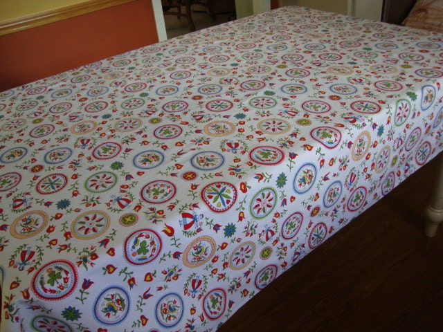 Vintage tablecloth, Pennsylvania Dutch, bright red yellow green blue, 54 x 64 inches rectangle