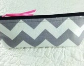 Zippered Pouch - Pencil Case - Cosmetic Bag - Tech Accessories Bag - Gray Chevron