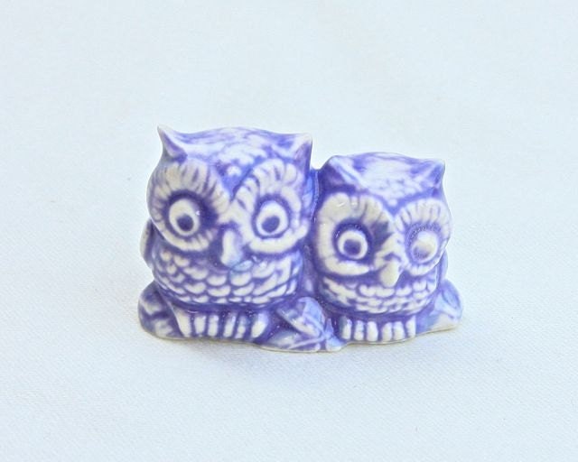 Two Tiny Owls in Porcelain with Lavender Purple Glaze - Wedding Cake Topper