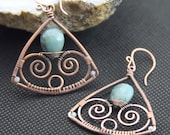Pan's Labyrinth Earrings oOo Copper Chrysocolla Wire Wrapped Triangle Hoops