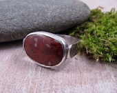 Custom Red Creek Jasper Ring. Rustic Hammered Sterling Silver Oval Stone Ring. Size 6