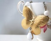 The Lovely Wild- Golden Butterfly Necklace with White Vintage Glass Jewel, Vintage Jewel Necklace, Handmade Necklace