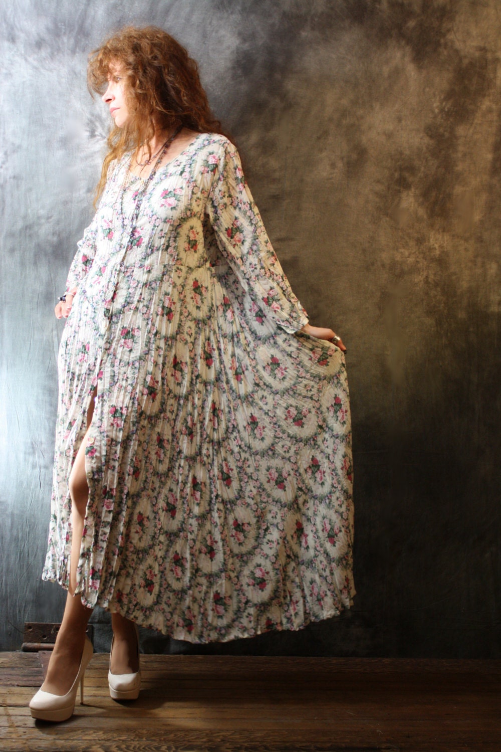 Vintage 1980s Romantic Roses Sheer Crinkle Bohemian Goddess Dress
