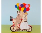 Custom Wedding Cake Topper Couple on a Double Bike with Balloons