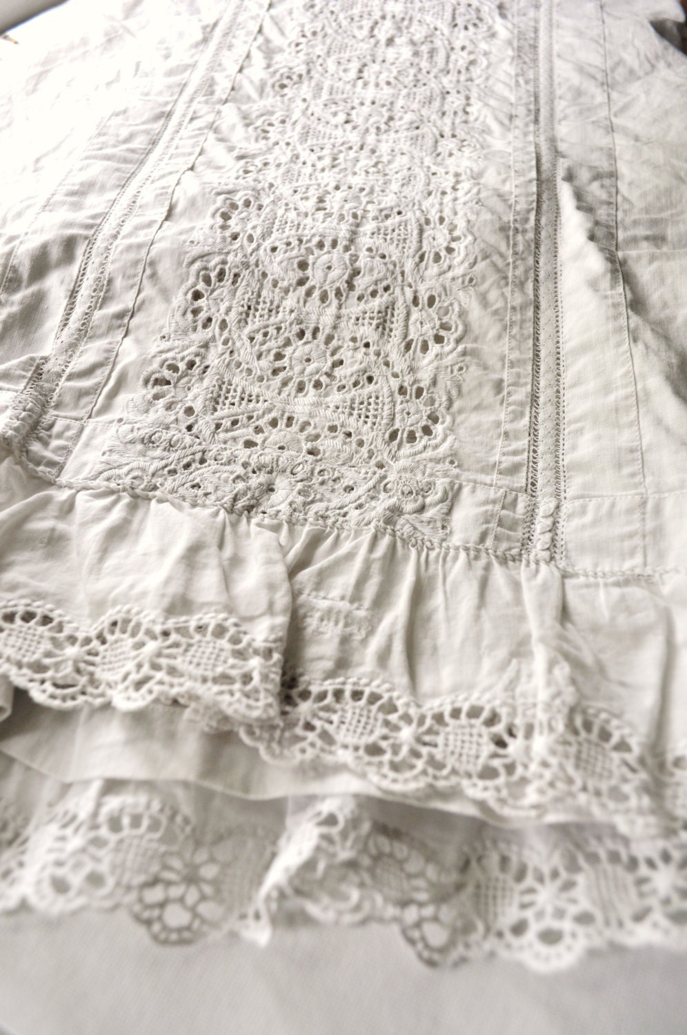 Antique Ayrshire Lace Panel Ruffle Table Linen Hem White Cotton Whitework Embroidered White Work