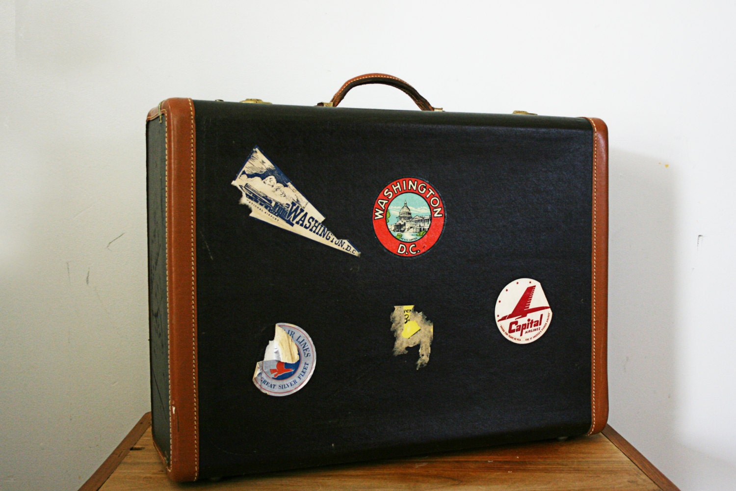 vintage 50s Well Traveled Tourist Stickers Leather Trimmed Suitcase- Perfect for a Weekend Away