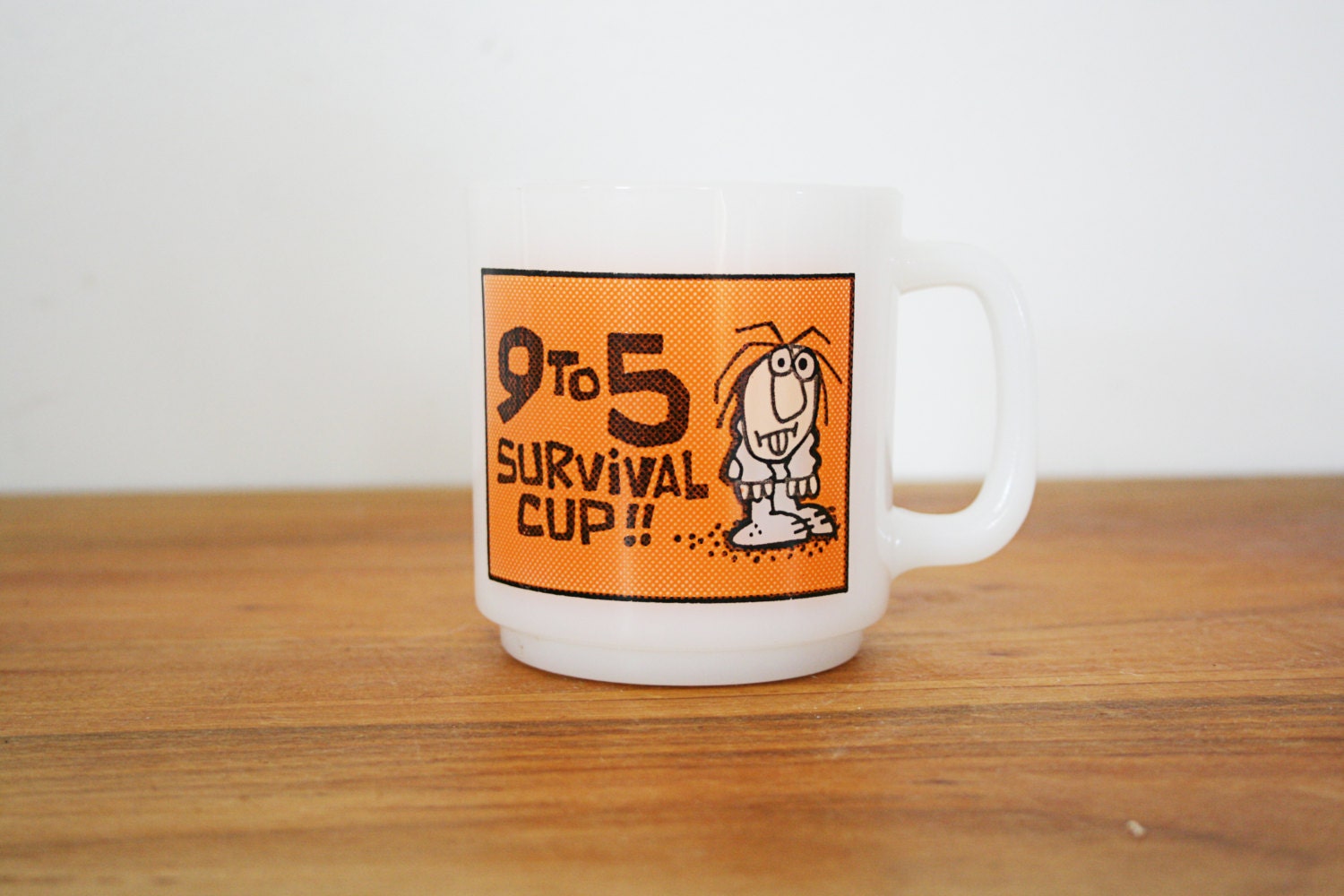 vintage 70s 9 to 5 Survival Cup Work Humor Glasbake Mug