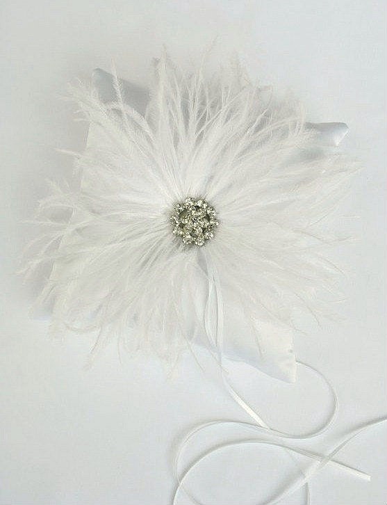 White Ring Bearer Pillow  - White Satin Ring Bearer Pillow with Ostrich Feathers