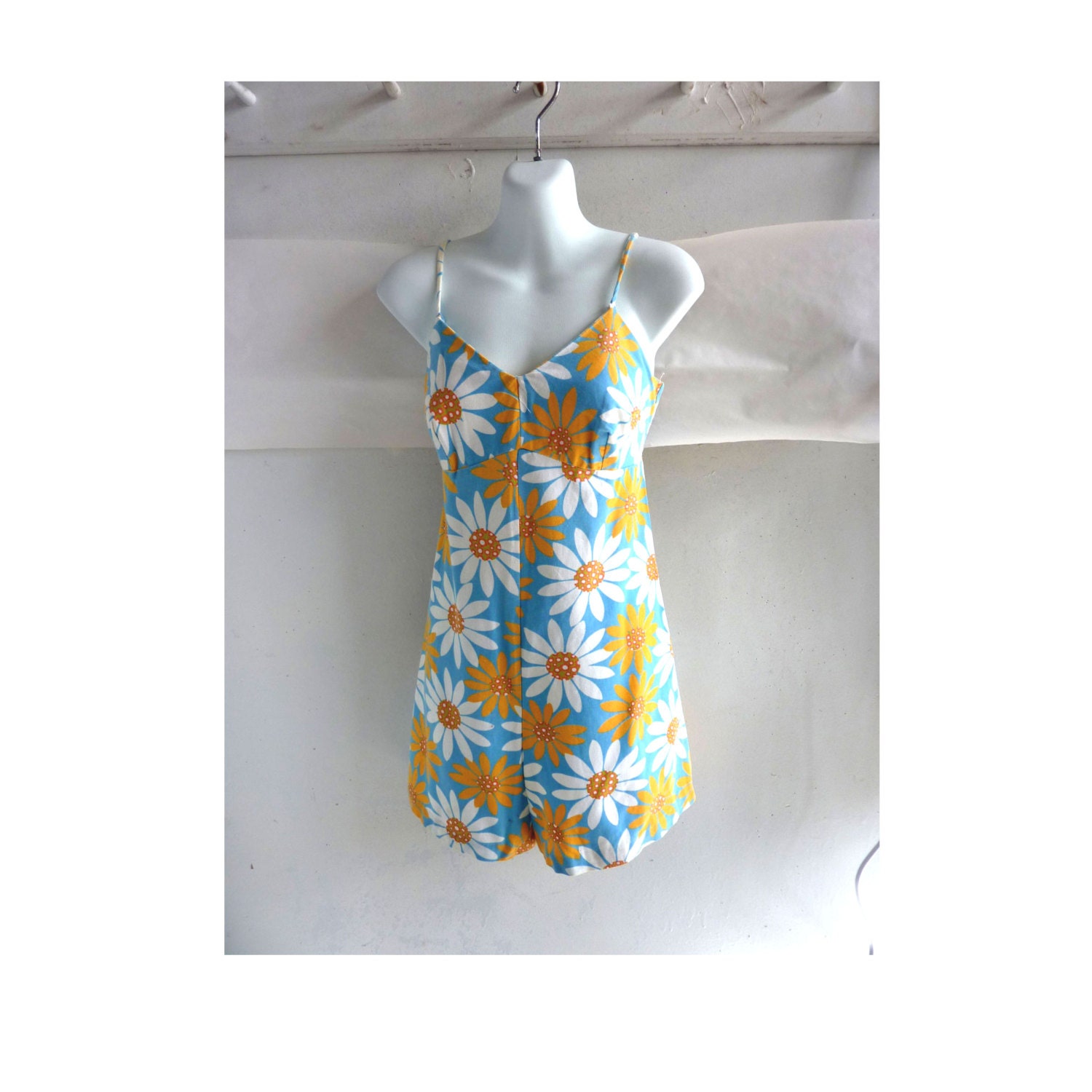 Vintage 60s Dress Size 36 Chest Mod Blue Daisy Jumpsuit Swimsuit Strappy