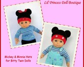Made For Bitty Twin Boy-Girl Dolls, Crochet Mickey Mouse and Minnie Mouse Hats, 15 Inch Doll Clothes