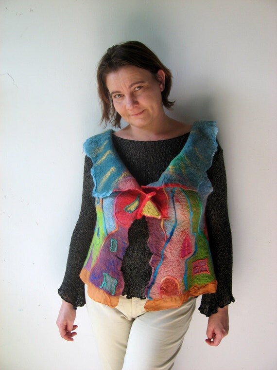 Little Houses Felted  Art  Picture Vest  (mixed merino wool and mulberry silk)