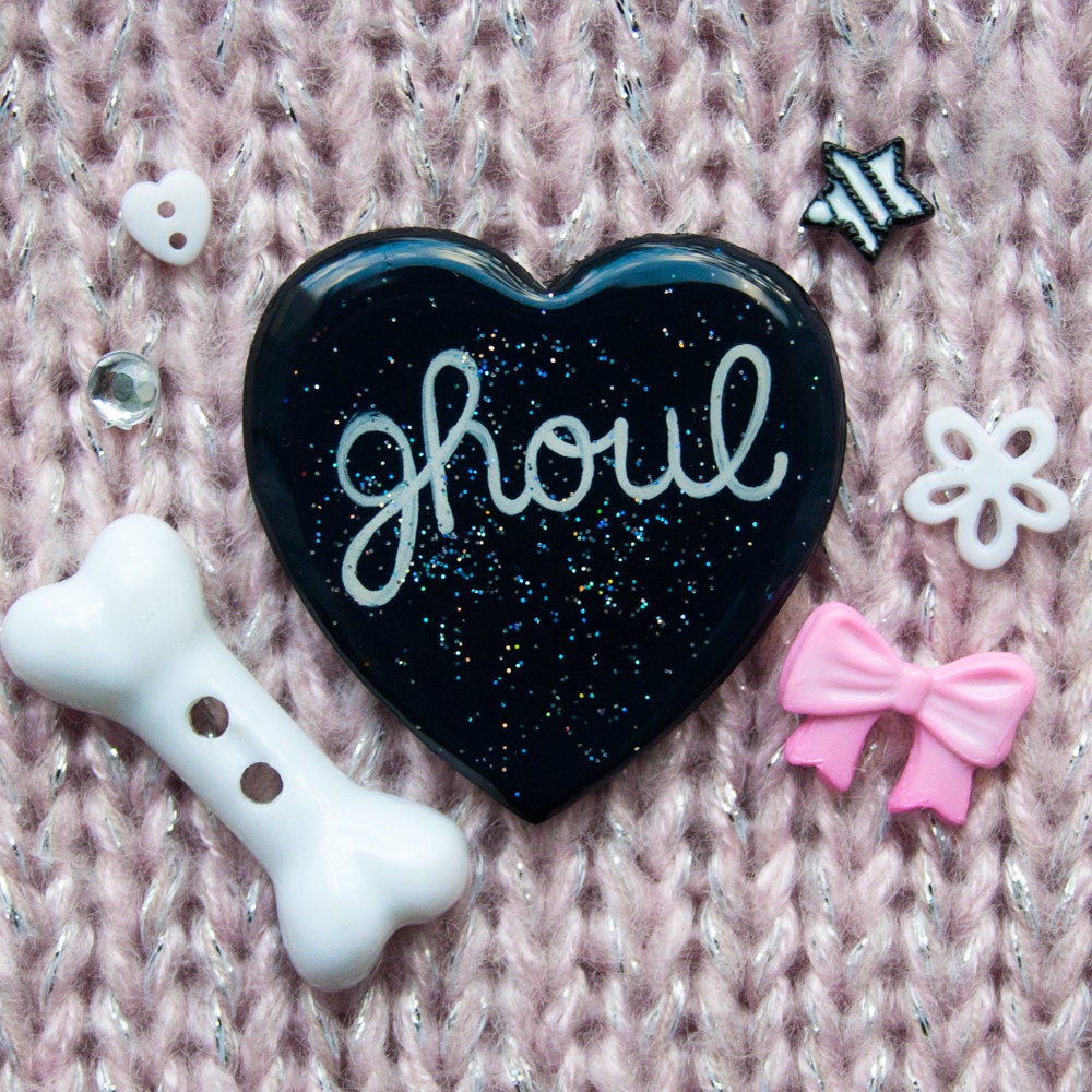 Ghoul / Hand Painted Glitter Wood Pin or Ring - Black and White