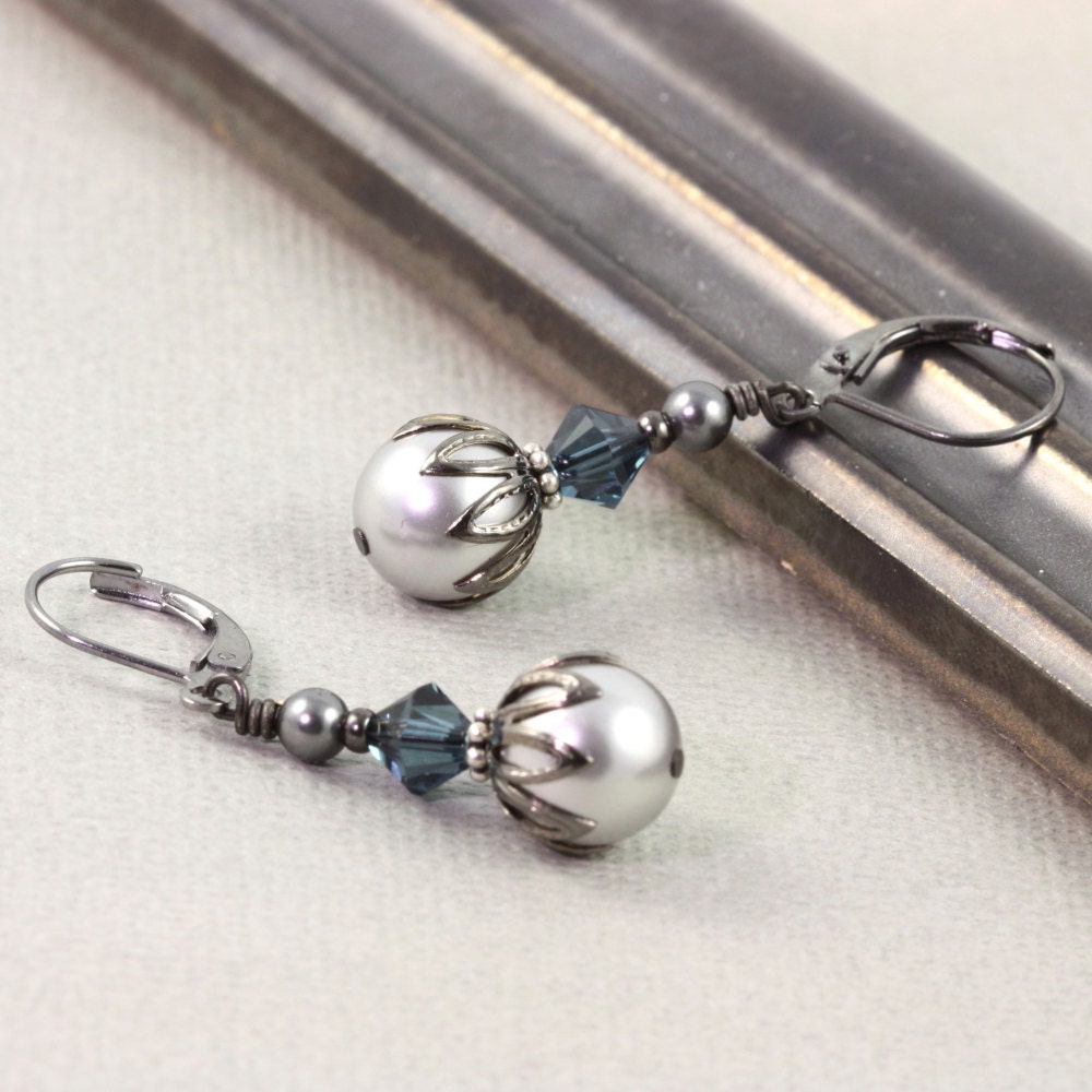 Blue Crystal Earrings Gray Pearl Gunmetal Ear Wires