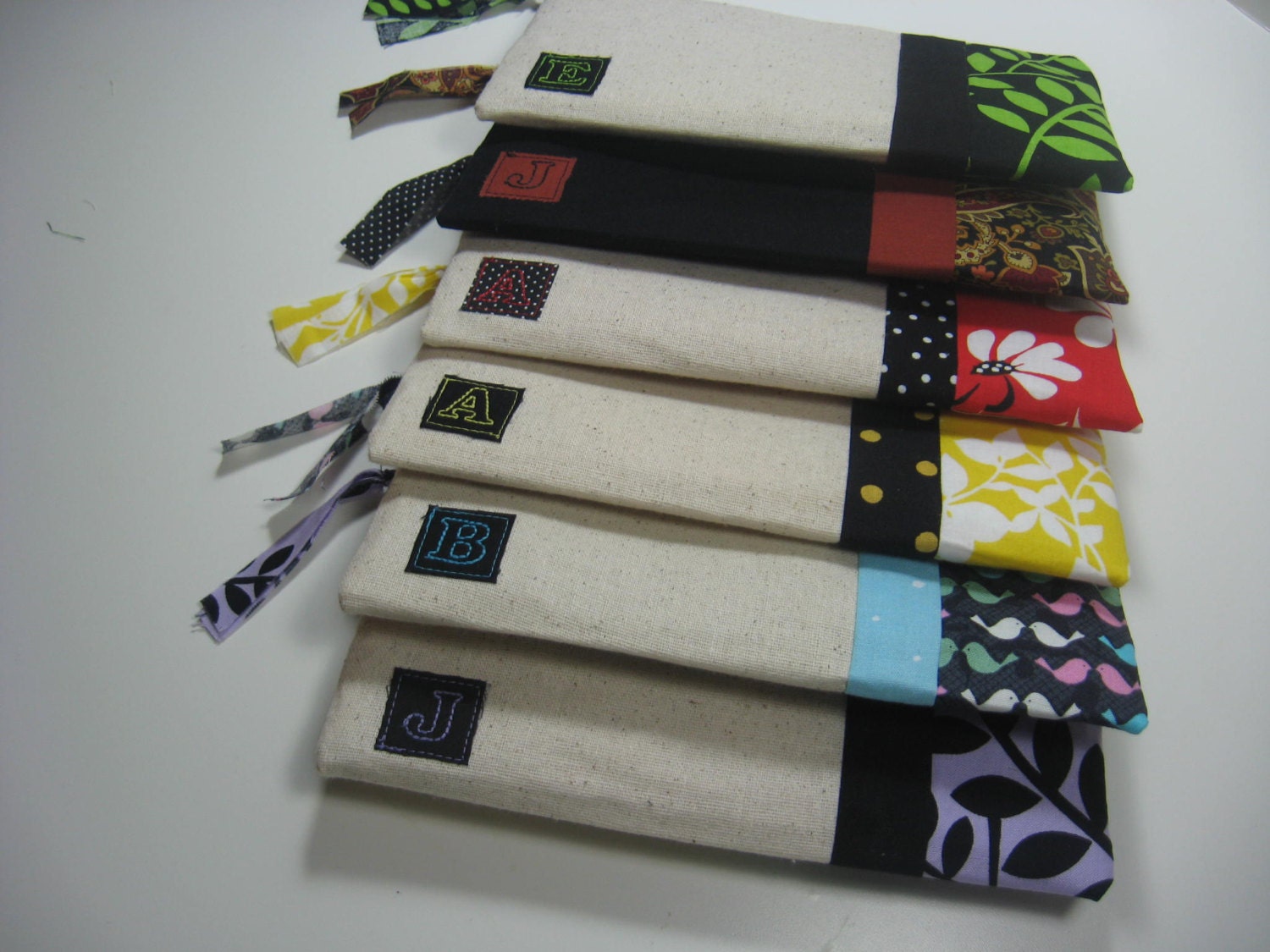 Set of 6 Personalized, Initialed zipper pouches, iphone wallet, Made To Order