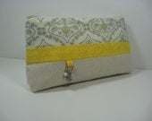 Personalized Clutch, Initialed, Bridesmaid Gift, Stamped Charm - Yellow and Grey