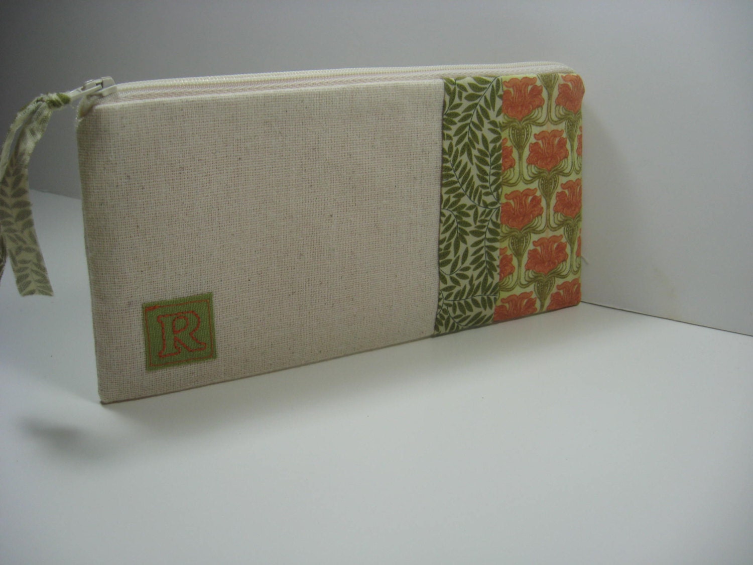 Personalized, Initialed  zipper pouch, iphone wallet, Made To Order - Orange and Green