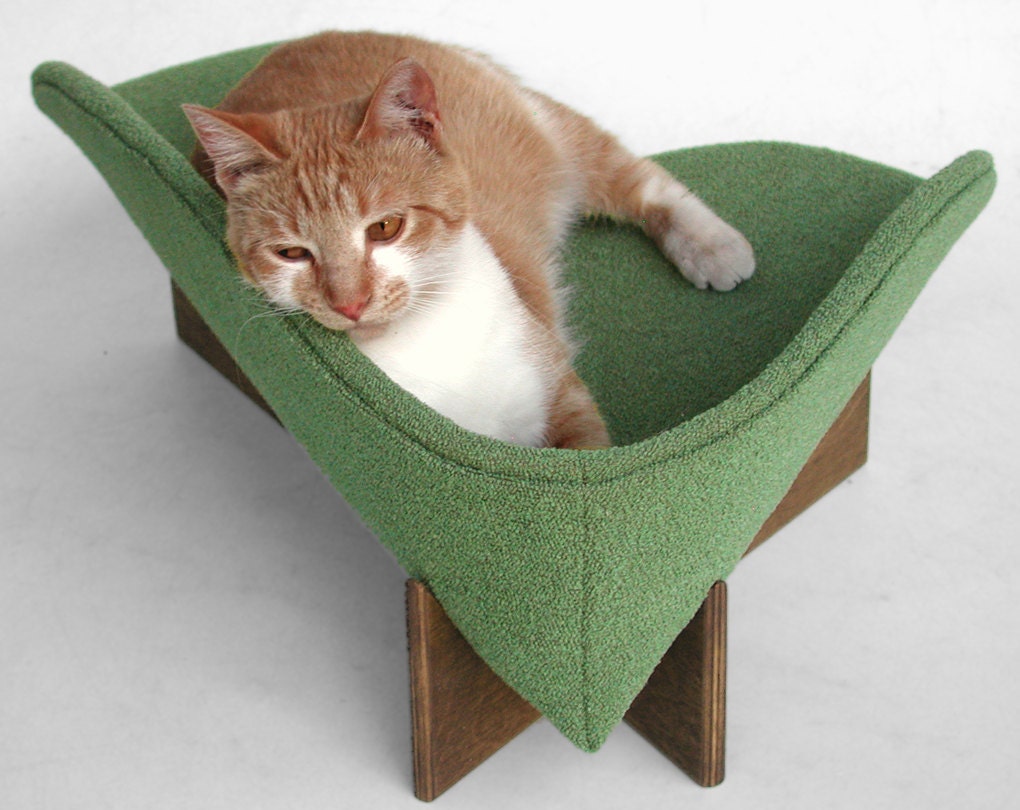 Modern cat bed in sage bouclé upholstery