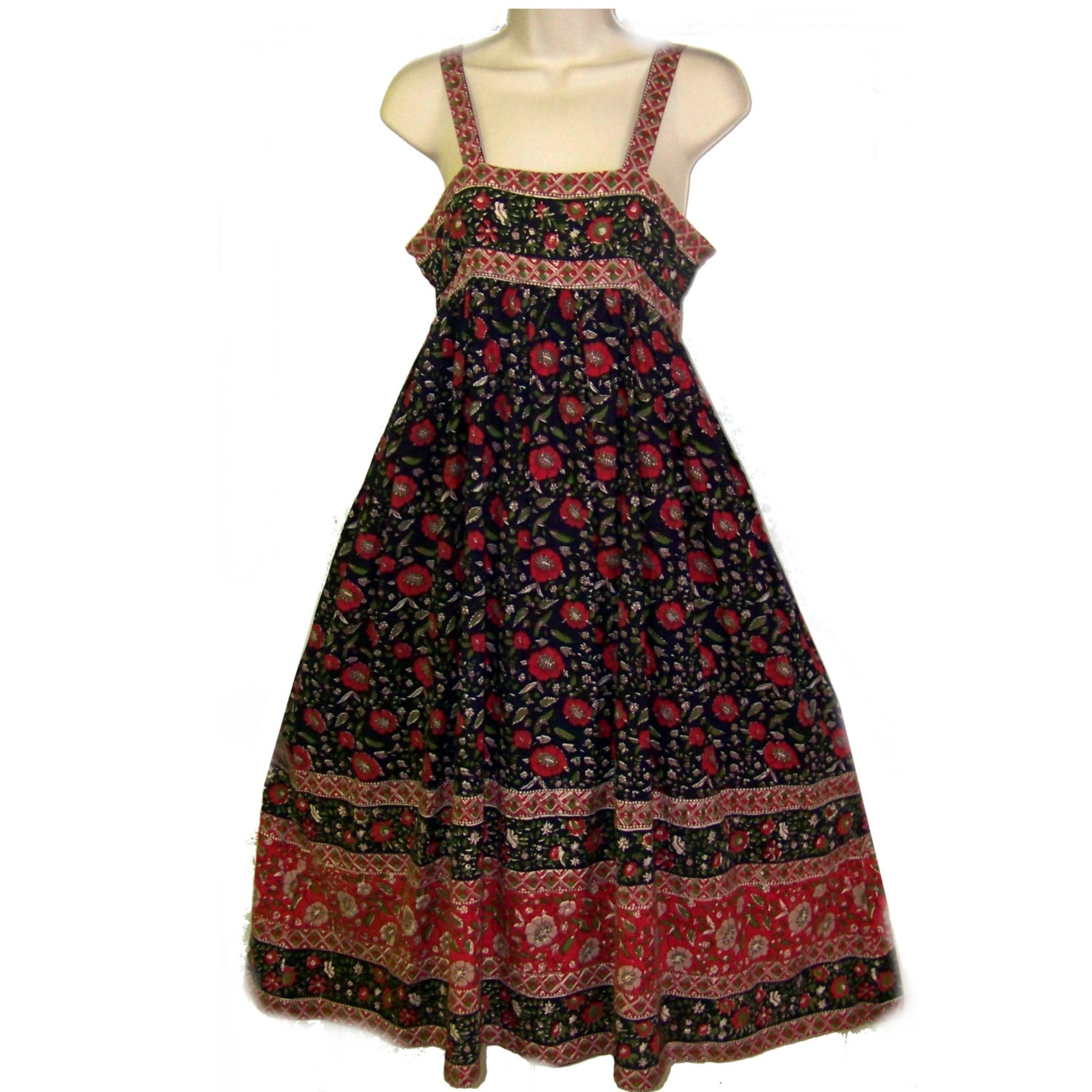 70s cotton print dress from India boho red and black size 8