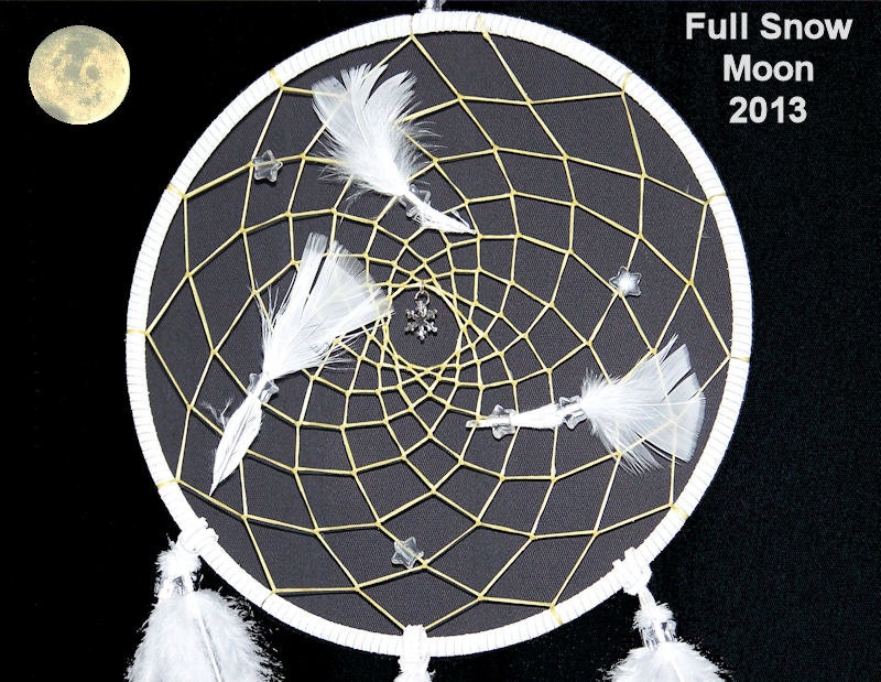 Full Snow Moon Dream Catcher Feb 25, 2013 With Snowflake Charm, White Leather, White Feathers - $58.50 USD