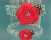 Blue and Coral Feather Rose Wedding Garter Set B276 - bridal garter accessory