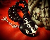 Anchor Necklace, Black Beaded Anchor & Heart Pendant, Nautical Jewelry, Rockabilly Necklace