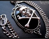 Black Skull Necklace, Skull Jewelry, Gothic Necklace, Skeleton Cameo Jewelry, Antique Silver Skull, Psychobilly Necklace