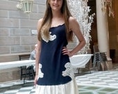 Navy and Cream Upcycled Cotton Dress with Lace