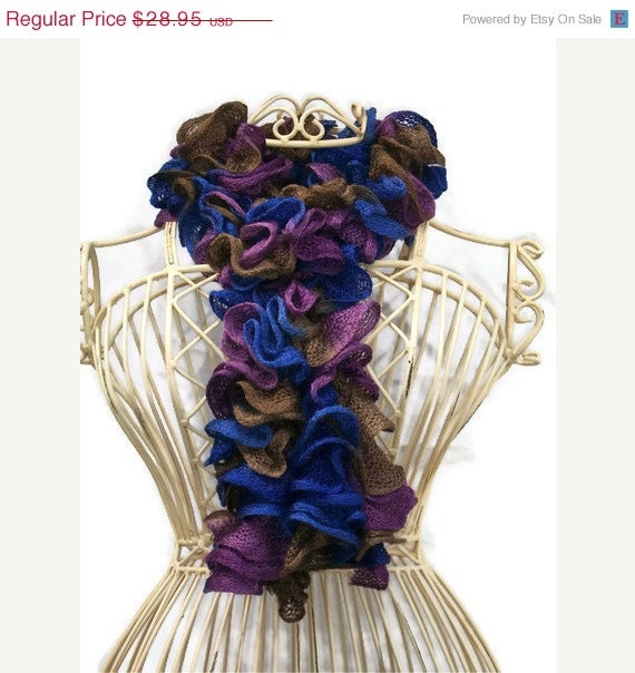 Plum, Brown and Eggplant Hand Knit Lacy Ruffled Scarf - Spring and Summer Fashion Accessory - Ready to Ship