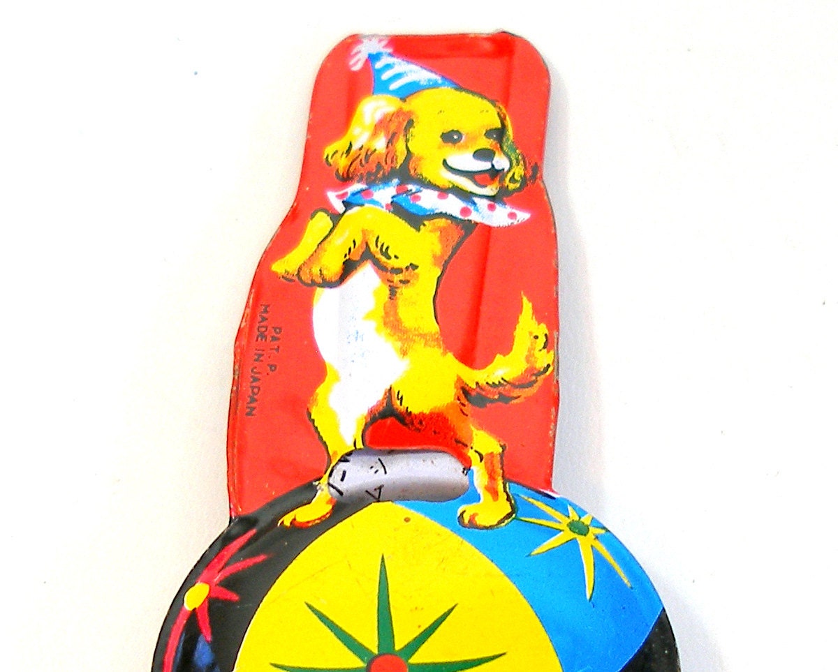 60s Circus Dog whistle, Japanese tin toy in red, yellow & blue.