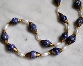 Haskell Style Necklace of Blue Marbled Glass Beads, Gold and Pearls