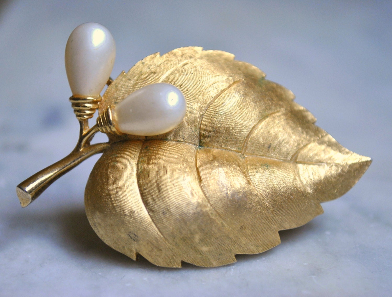Lovely Crown Trifari Gold Leaf Brooch with Two Pearl Buds