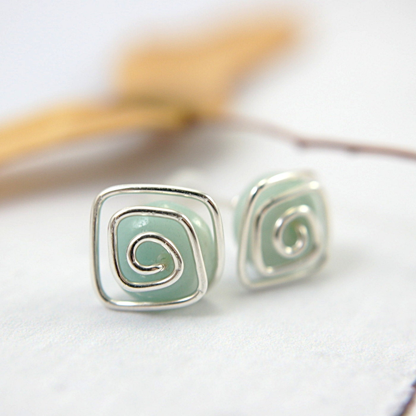 Amazonite post earrings sterling silver spiral gemstone blue green