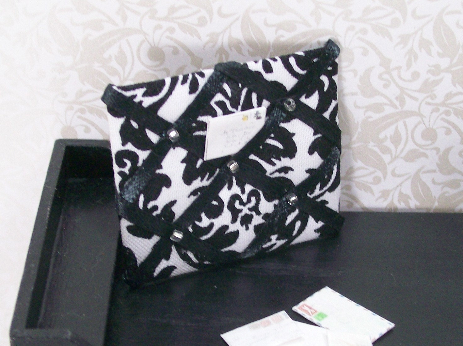 Dollhouse Miniature French Memo Message Board Country Shabby Chic One Inch Scale Black White Damask