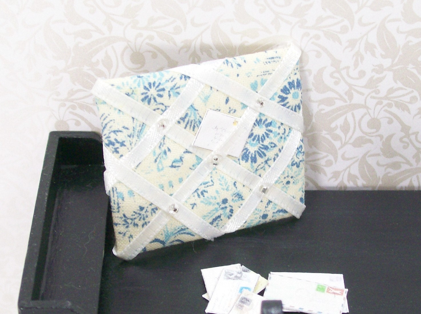 Dollhouse Miniature French Memo Message Board Country Shabby Chic One Inch Scale Blue Cream Toile