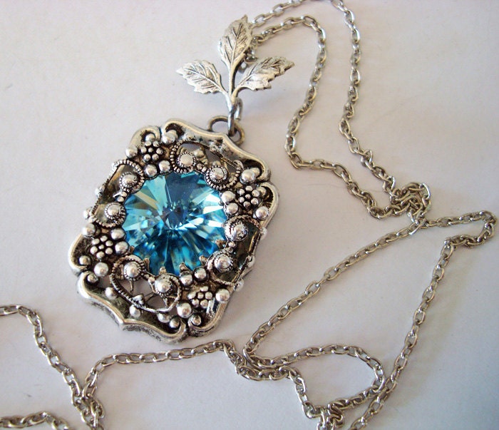 Summer  Skys and Silver Filigree Flowers Necklace, Gorgeous Large Swarovski Rivoli Jewel, Hand Made, Metal Bonded NOT Glued, Original Design