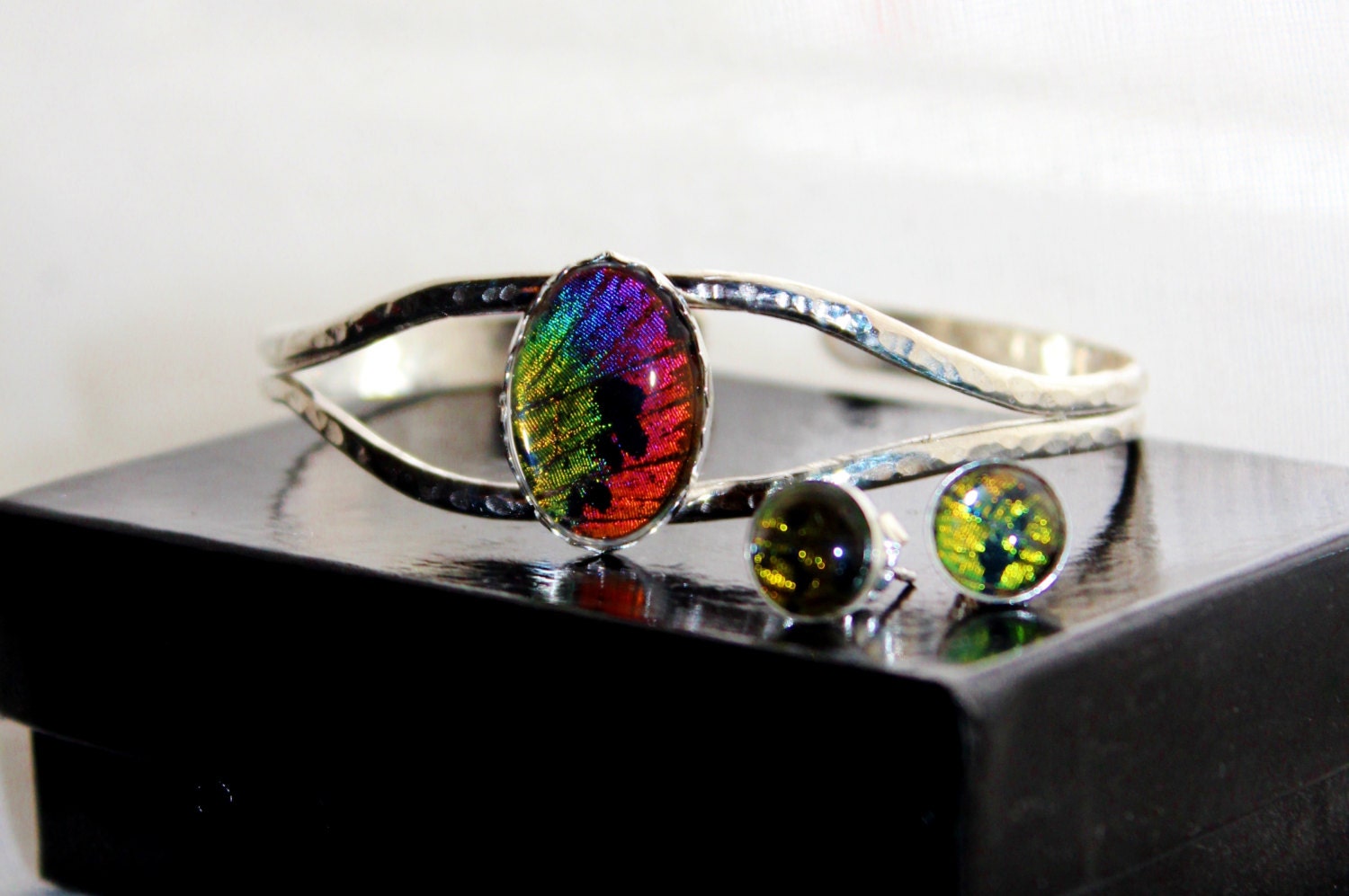 Real Sunset Moth Sterling Silver Bracelet and Earring Real Butterfly Wing Jewelry Chrysiridia rhipheus Madagascar Mothers Day Gift