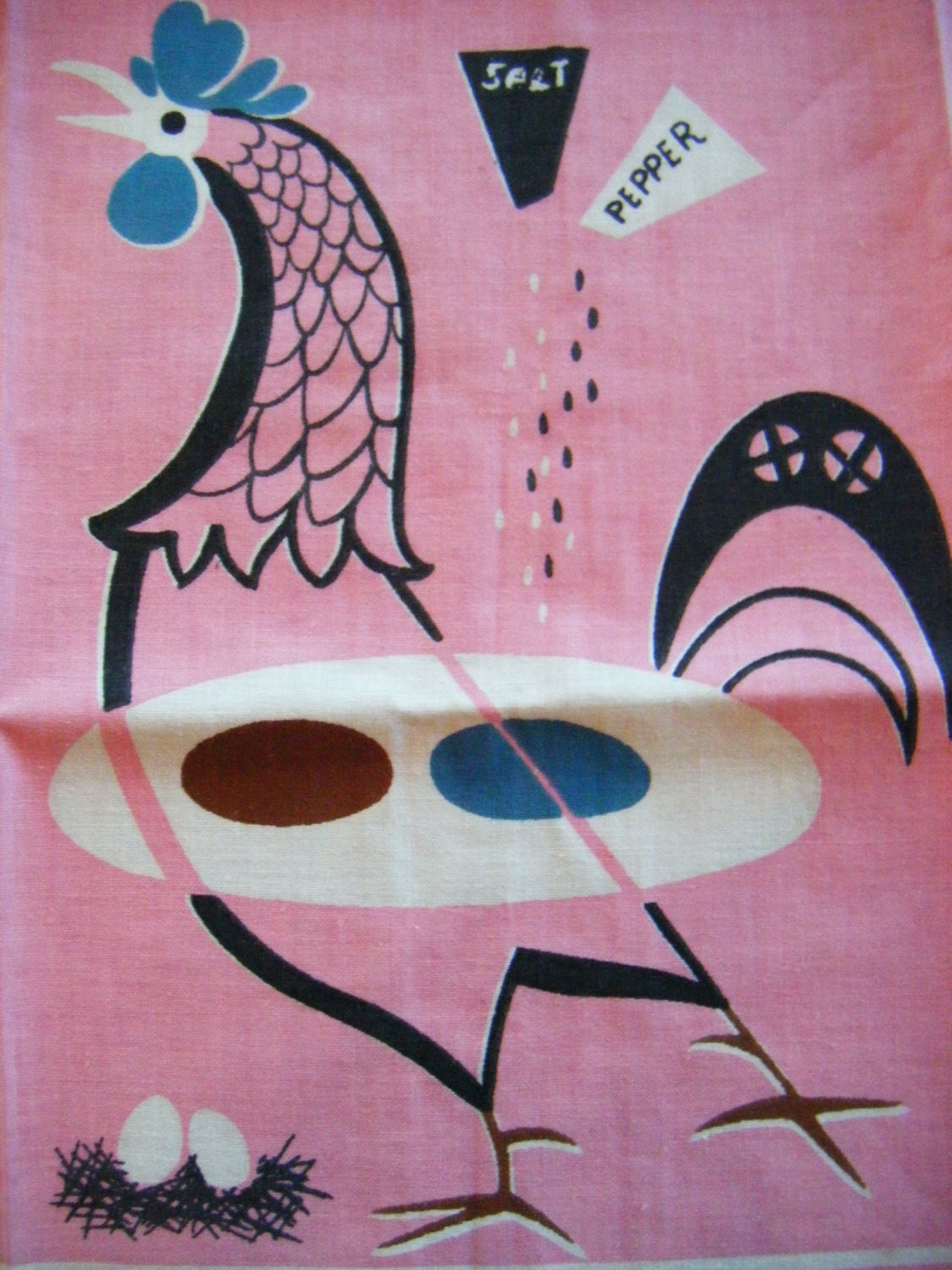 Vintage Eames Era Atomic Chicken Egg Kitchen Tea Towel NWT Unused MINT